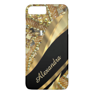 Coque iPhone 7 Plus Noir élégant chic personnalisé et or bling