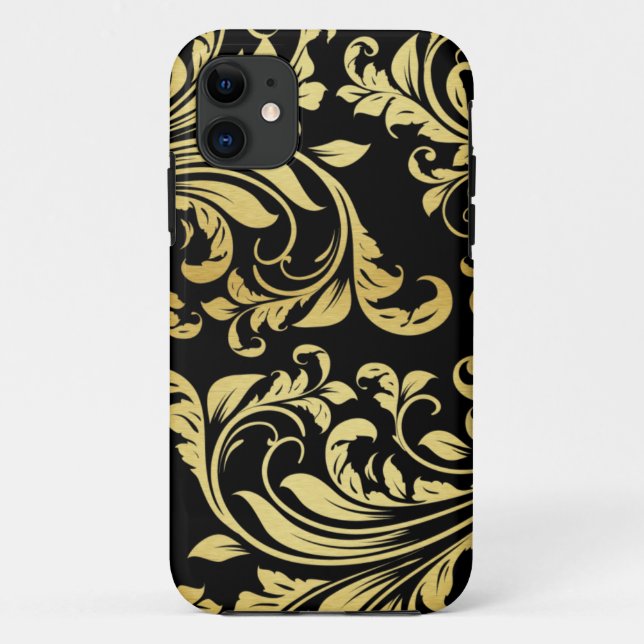 Coques Case-Mate iPhone Noir élégant et motif floral de damassé d'or (Dos)