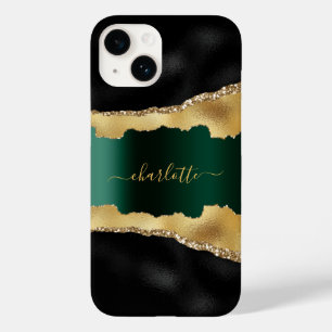 Coque Pour iPhone 14 Noir émeraude vert or agate marbre nom script
