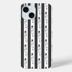 Coque Pour iPhone 15 Noir et blanc gris vintage rayé avec des roses