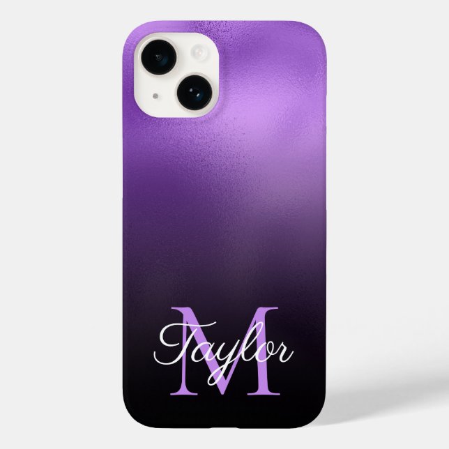 Coques Case-Mate iPhone Noir et Lilac Violet Ombre Faux Foil Monogramme (Verso)