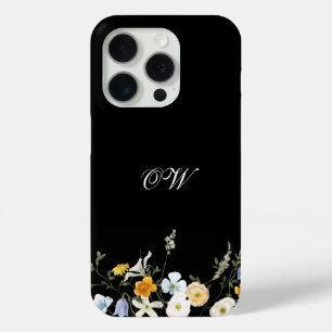 Coque iPhone 15 Pro Noir Fleur sauvage Floral Élégant Initiales Monogr