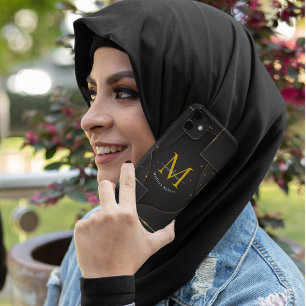 Coque Pour iPhone 15 Noir Golden Luxe dégradé Script Monogram Funny