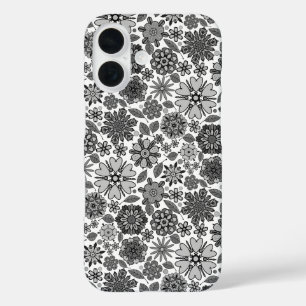 Coque Pour iPhone 16 Noir gris blanc rétro Art Floral Motif sans coutur