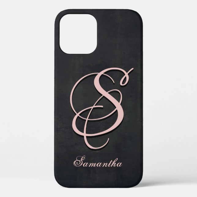 Coques Case-Mate iPhone Noir gris rose élégant nom rustique Monogramme (Verso)