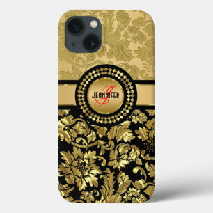 iPhone 13 Coque Noir & Métallurgique Vintage Damas 3 Monogrammes