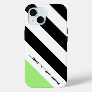 Coque Pour iPhone 15 Noir minimaliste, Blanc, Bande verte, Nom