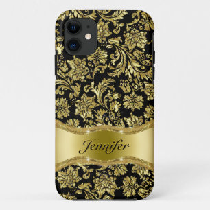 Coque iPhone 11 Noir & Or Métallic Floral Damas Customisé