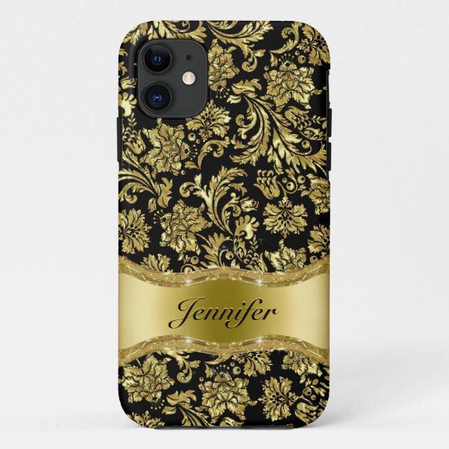 Coques Case-Mate iPhone Noir & Or Métallic Floral Damas Customisé (Dos)