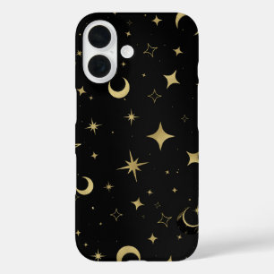 Coque Pour iPhone 16 Noir & Or Moderne Céleste Lune Étoiles