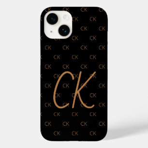 Coque Pour iPhone 14 Noir or monogramme initiales script élégant