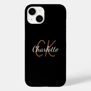 Coque Pour iPhone 14 Noir or monogramme nom élégant script