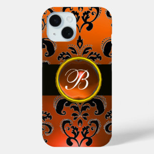 Coque Pour iPhone 15 NOIR ORANGE DOMMASK MONOGRAM Gemstone