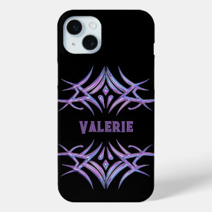 Coque iPhone 15 Mini Noir personnalisé avec conception Tribal violet 3D