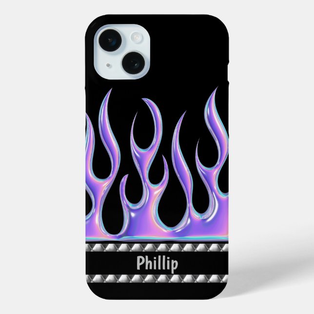 Coques Case-Mate iPhone Noir personnalisé avec flammes violettes 3D & Chro (Verso)
