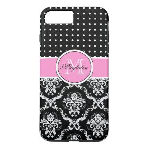 Coque iPhone 7 Plus Noir rose et blanc Damas & Motif PolkaDot