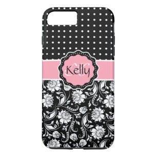 Coque iPhone 7 Plus Noir rose et blanc Damas & PolkaDot Motif 3