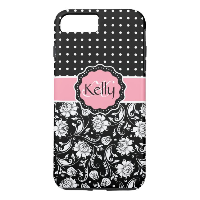 Coques Case-Mate iPhone Noir rose et blanc Damas & PolkaDot Motif 3 (Dos)
