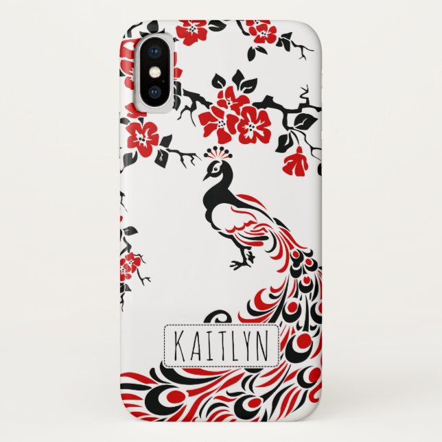 Coques Case-Mate iPhone Noir, rouge paon & fleurs de cerisiers Art nouveau (Dos)