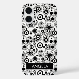 Coque Pour iPhone 16 Noir sur cercle blanc points cachemire style motif