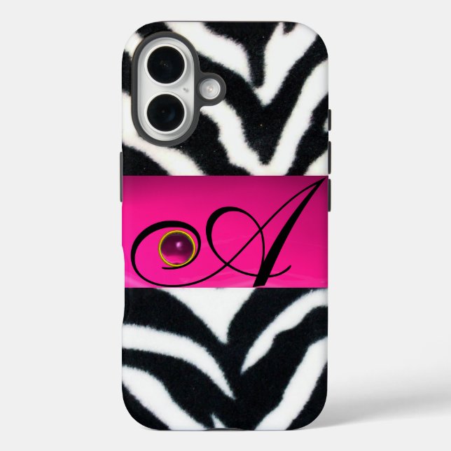 COQUES Case-Mate iPhone NOIR ZEBRA FUR FUCHSIA ROSE GEM MONOGRAM, (Verso)