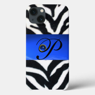 iPhone 13 COQUE NOIR ZEBRA FUR SAPPHIRE BLEU GEM MONOGRAM,