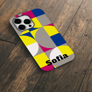 Coque Pour Pour iPhone 14 Pro Max Nom bleu jaune fuchsia géométrique Abstrait