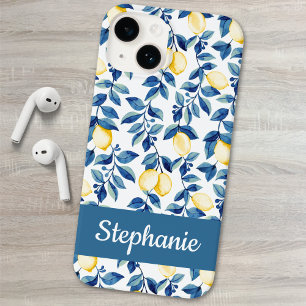 Coque Pour iPhone 14 Nom Citron Aquarelle Bleu Jaune
