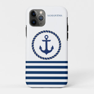 Case-Mate iPhone Case Nom de bateau nautique, ancre bleu marine rayé