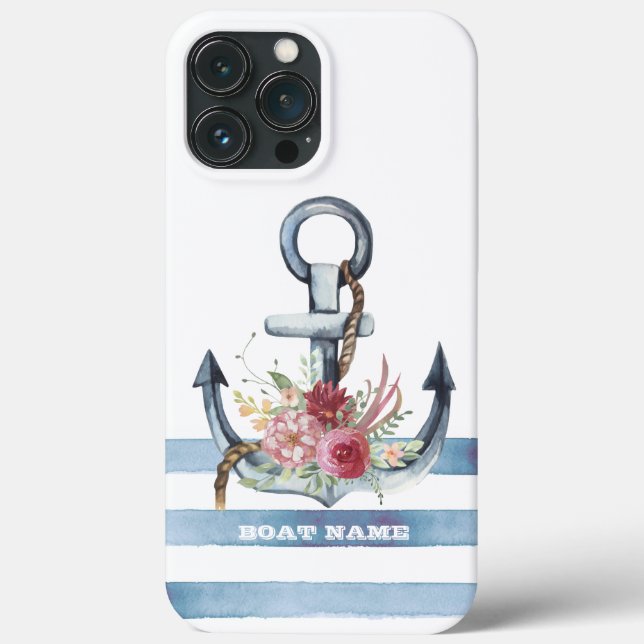 Coques Case-Mate iPhone Nom de bateau nautique, fleurs d'ancre rayures (Verso)