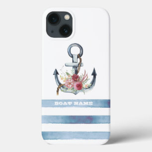 Case-Mate iPhone Case Nom de bateau nautique, fleurs d'ancre rayures