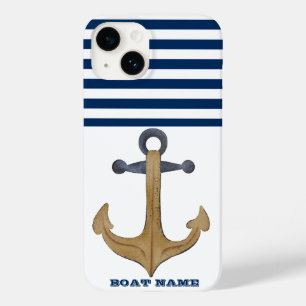 Coque Pour iPhone 14 Nom de bateau nautique, Rayure bleu marine d'ancre