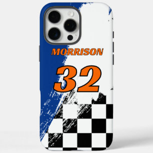 Coques iPhone 16 Pro Max Nom de course numéro bleu orange noir et blanc