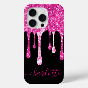 Coque iPhone 15 Pro Nom de fille scintillant rose chaud paillettes qui