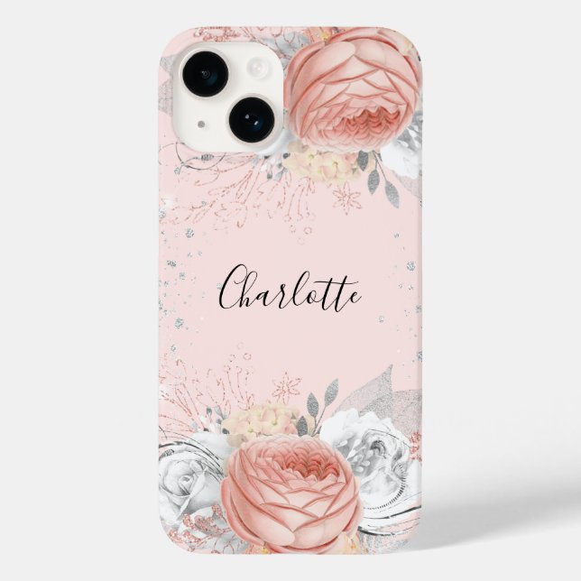 Coques Case-Mate iPhone Nom de fleur d'argent rose rose et or rose (Verso)