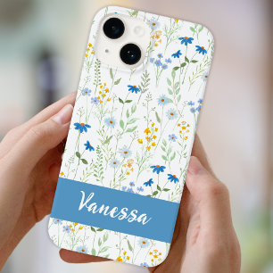 Coque Pour iPhone 14 Nom de fleur sauvage aquarelle bleue