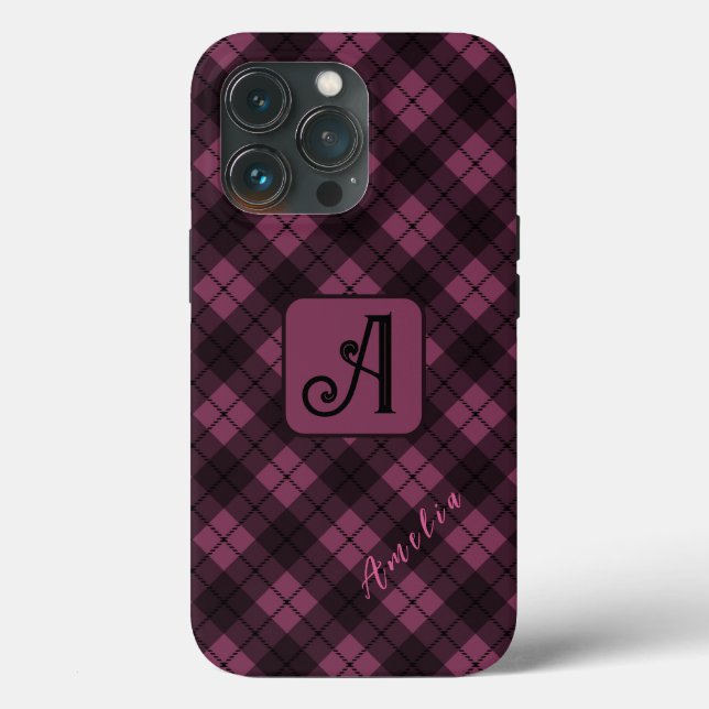 Coques Case-Mate iPhone Nom de la Personnaliser Plaid Noir Violet (Verso)