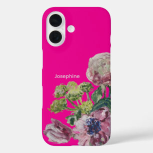 Coque Pour iPhone 16 Nom de monogramme rose chaud gras aquarelle floral