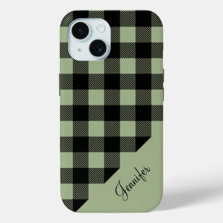 Coque Pour iPhone 15 Nom de motif carreaux plaid vert sauge moderne