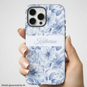 Coques iPhone 16 Pro Max Nom de motif floral aquarelle bleu moderne