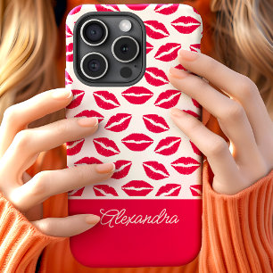 Coque Pour iPhone 15 Nom de script Baisers de rouge à lèvres rose chaud