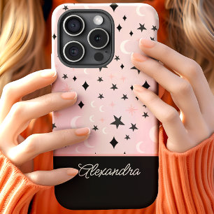 Coque Pour iPhone 15 Nom de script Céleste Lune Étoiles Rose et Noir