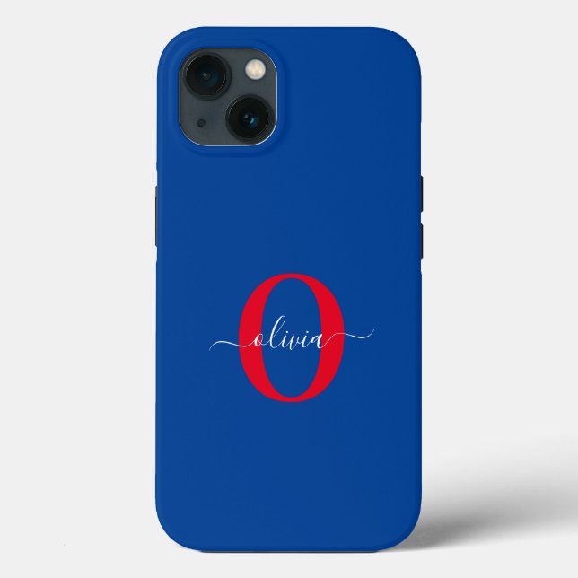 Coques Case-Mate iPhone Nom de script de monogramme personnalisé bleu blan (Verso)