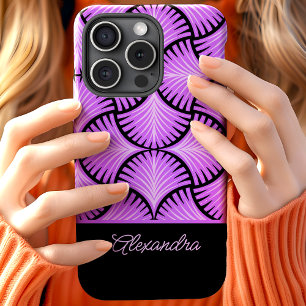 Coque Pour iPhone 15 Nom de script Palmiers Gatsby Rétro Noir Violet 19