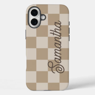 Coques iPhone 16 Plus Nom de script Taupe Beige Checkers
