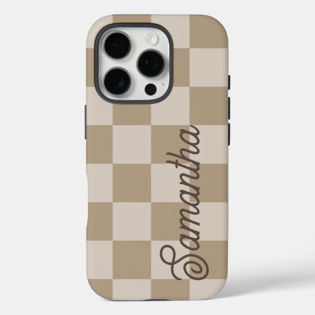 Coques Case-Mate iPhone Nom de script Taupe Beige Checkers (Verso)