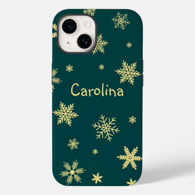 Coques Case-Mate iPhone nom des flocons de neige de couleur dorée turquois (Verso)