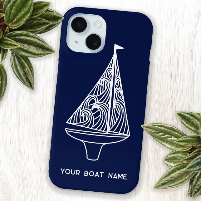 Coques Case-Mate iPhone Nom du bateau à voiles Nautique Marine Bleue (Your boat name custom text sailing boat yacht navy blue cell phone case)
