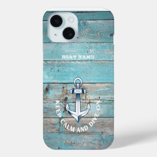 Coque Pour iPhone 15 Nom du bateau nautique Ancre Bois rustique