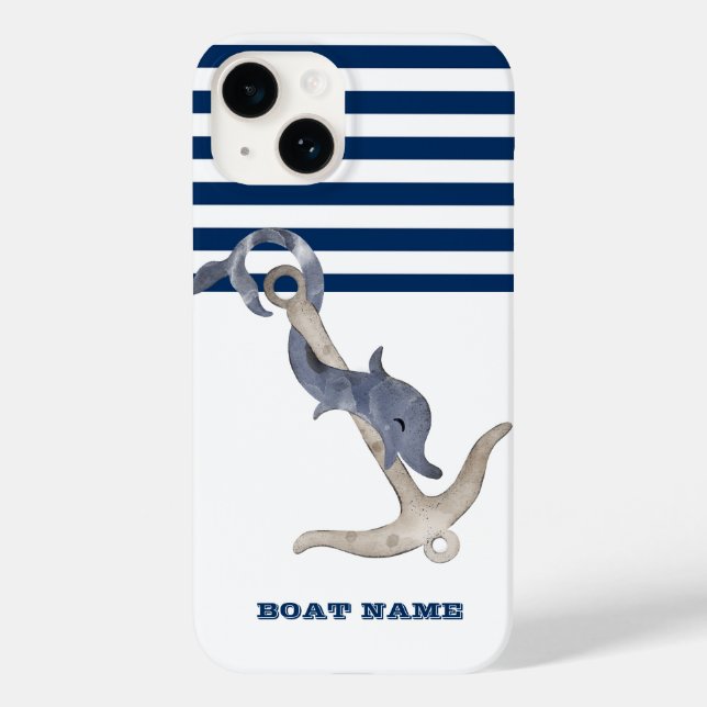Coques Case-Mate iPhone Nom du bateau nautique, Ancre Dauphin Marine Bleu  (Verso)